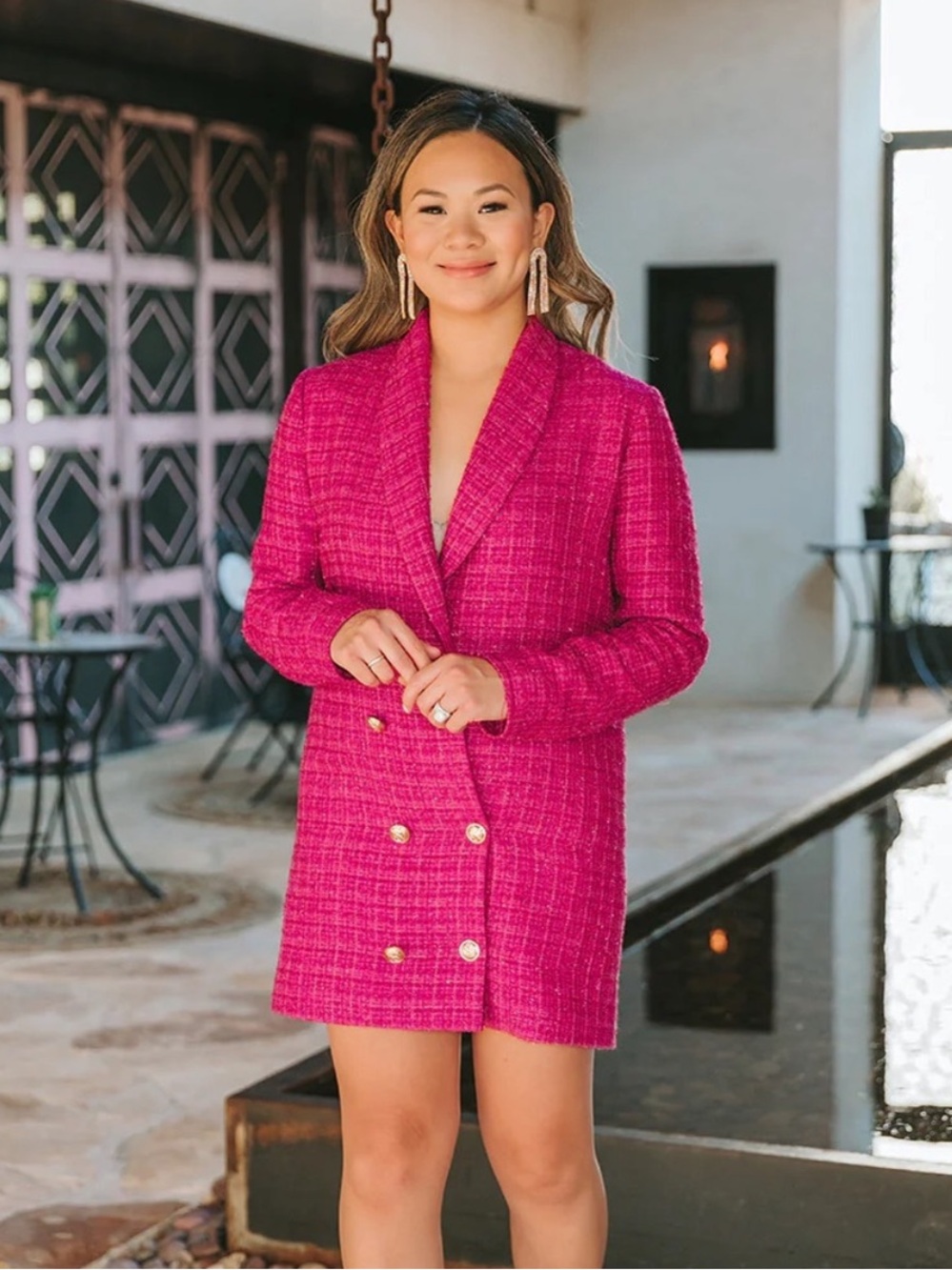 Buddy Love Carey Pink Tweed Blazer Dress Gold Button Size Large
